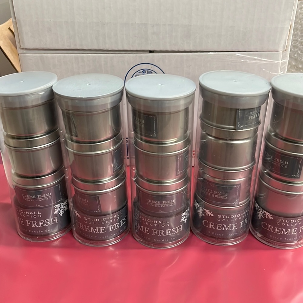 5 sets of Studio Hall Crème Fresh 3 piece travel candles Great gift idea!
